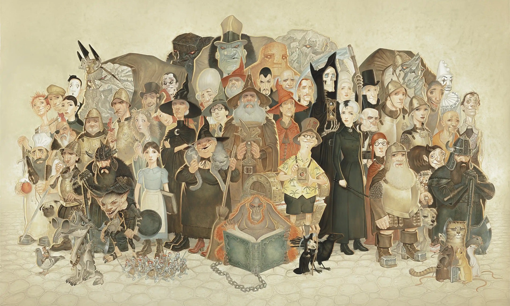 An illustration of around 50 Discworld characters